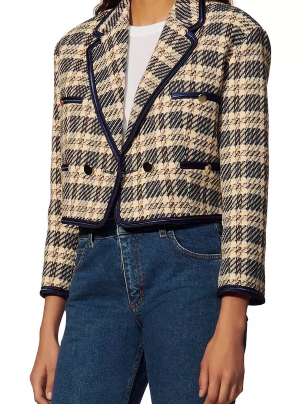 Sandro Paris Isabela Crop Plaid Tweed Jacket Blue cream yellow size 36 4 Small